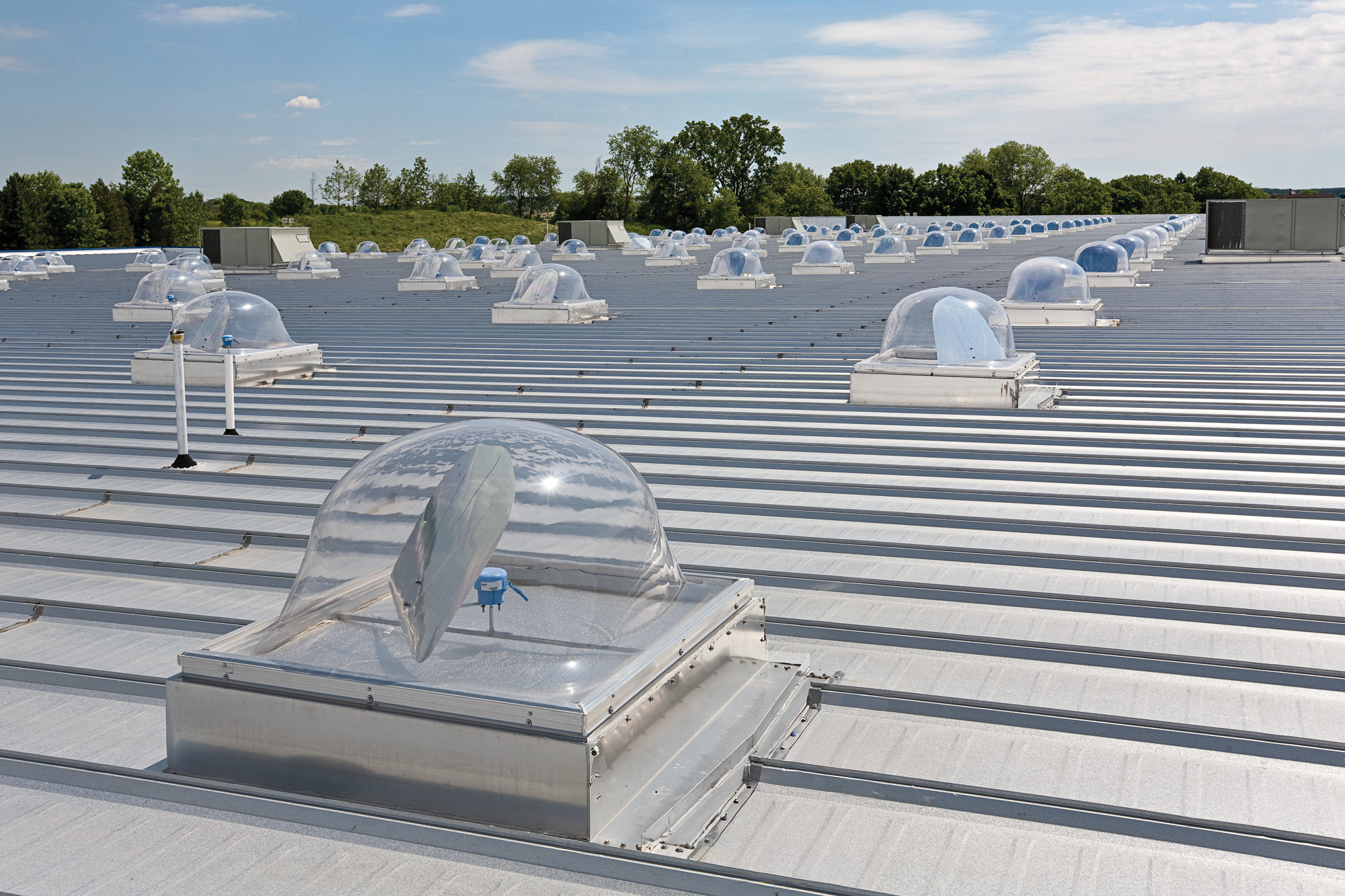 Ribbed metal roof with skylight domes and curbs installed across a large commercial building